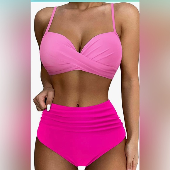 Other - NWOT Pink color block Large high waist swimsuit